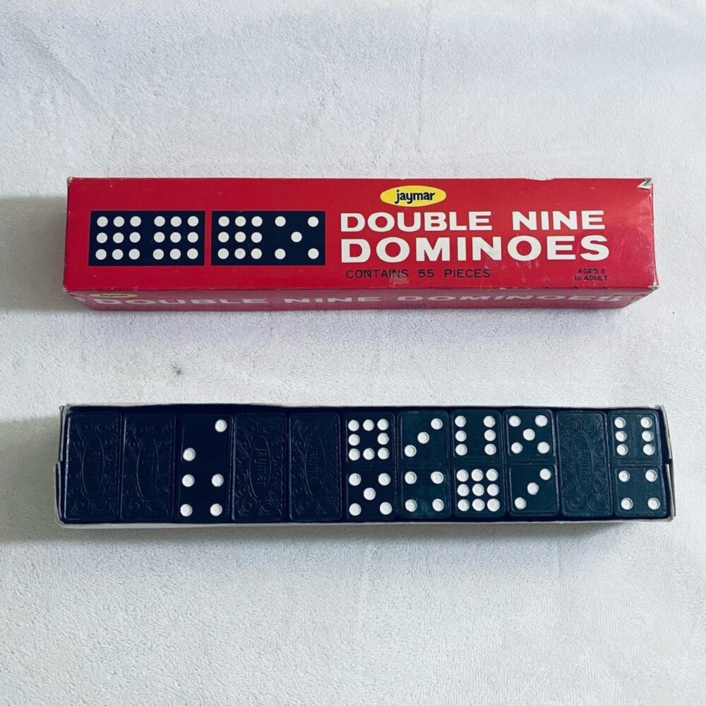 Vintage 1970's Jaymar Double Nine Dominoes Game Complete Black White Dots